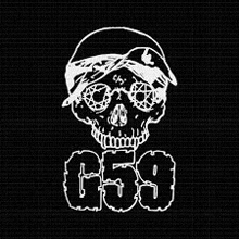 a white skull with a bandana and a hat on a black background with the word g59 .