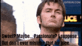 a man is standing in front of a police booth and says sweet maybe passionate