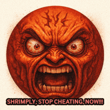 a drawing of an angry face with the words shrimply stop cheating now