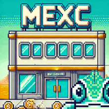 a pixel art illustration of a building with the word mexc on top