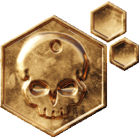 a gold coin with a skull on it and three hexagons around it