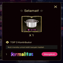 a screenshot of a game that says selamat top 3 contributor