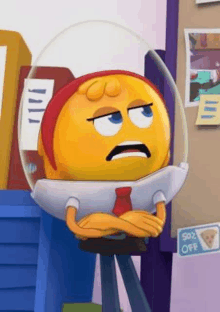 a cartoon smiley face wearing a helmet and a tie is sitting with his arms crossed .