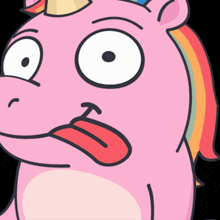 a cartoon of a pink unicorn with a rainbow mane