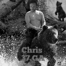 a black and white photo of a man riding a bear with the name chris 37 ga