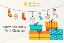 a christmas greeting card from techhive with socks and presents