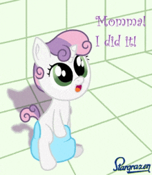 a cartoon of a baby pony sitting on a potty with the words momma i did it