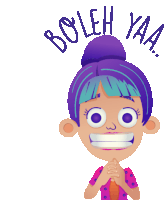 a cartoon girl with purple hair is smiling with the words " boleh yaa " written above her