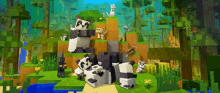 a group of panda bears are sitting on top of a cliff in a minecraft world .