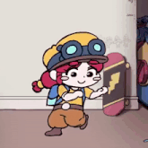 a cartoon of a girl holding a skateboard in her hand .