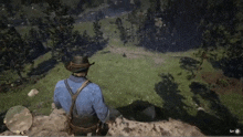 a man in a cowboy hat is sitting on a rock looking out over a field