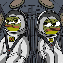 two cartoon frogs in space suits with the letter h on their chests