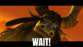 a cartoon character with horns says wait in white