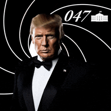 a man in a tuxedo is standing in front of a swirl with the number 047 on it