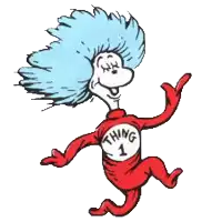 thing 1 is a cartoon character with blue hair and a red shirt that says thing 1 on it .