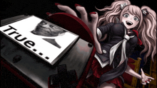 a girl is holding a video game controller that says true on it