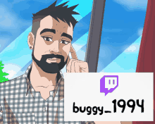 a man with a beard is holding a sign that says buggy_1994