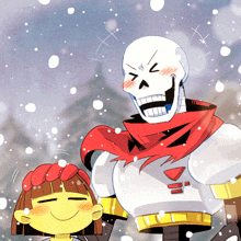 a cartoon of a skeleton and a girl in the snow