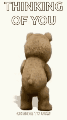 a teddy bear is holding a piece of paper and says " thinking of you "