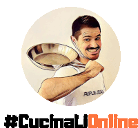 a cartoon of a man holding a frying pan with #cucinalionline written below it