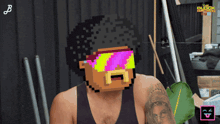 a pixel art of a man wearing sunglasses with the letters h on it