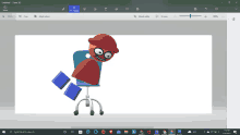 a computer screen shows a cartoon character in a chair with a red hat on