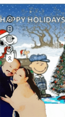 a happy holidays greeting card with snoopy and charlie brown in the background