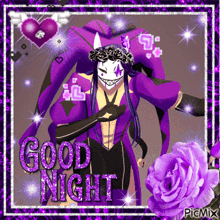 a picture of a purple jester with the words good night on it