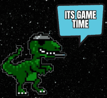 a pixelated dinosaur smoking a cigarette with a speech bubble that says its game time