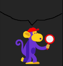 a cartoon monkey is holding a magnifying glass and wearing a red hat