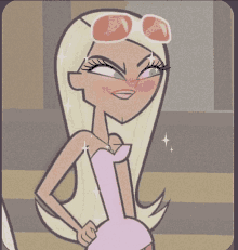 a blonde cartoon character with sunglasses on her head