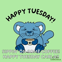 a cartoon of a cat holding a cup of coffee with the caption happy tuesday