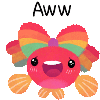 a cartoon drawing of a fish with a rainbow bow and the words aww below it