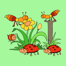 a drawing of ladybugs and ants with the letter i