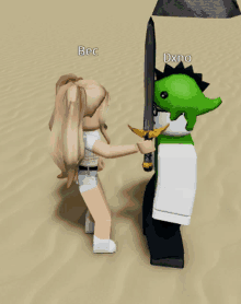 a girl is holding a sword next to a green dinosaur with the name dxno