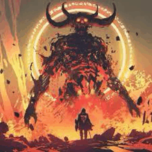 a man is standing in front of a demon with horns and a circle around it .