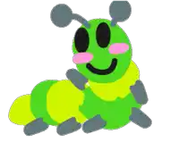 a green caterpillar with a pink cheek and a smile on its face