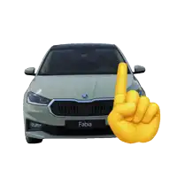 a skoda fabia car with a yellow finger pointing at it