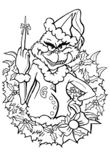 a black and white drawing of a grinch giving the middle finger in a wreath .