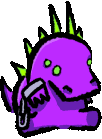 a cartoon drawing of a purple monster with green horns talking on a cell phone .