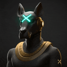 a statue of an anubis with glowing eyes and a cross on his chest