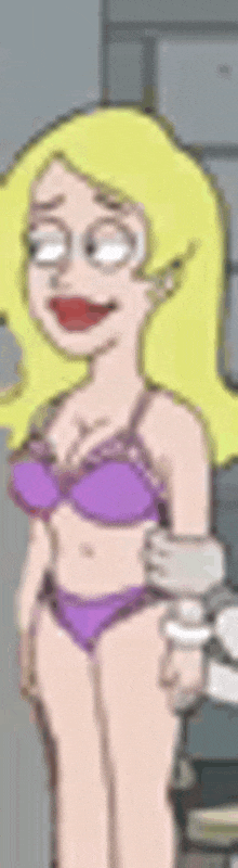 a cartoon woman is wearing a purple bikini and smiling .