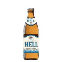 a bottle of hell lagerbier has a white label