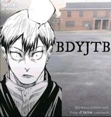 a black and white drawing of a man with the text bdyjtb on the bottom