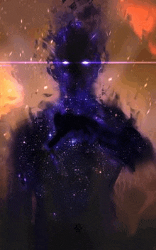 a painting of a man with glowing eyes surrounded by stars and smoke .