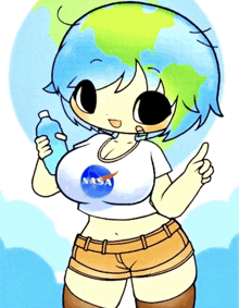 a cartoon girl wearing a nasa shirt holds a bottle of water