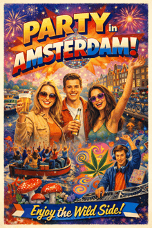 a poster for a party in amsterdam shows a group of people