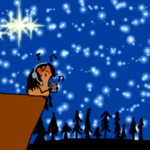 a cartoon drawing of a person sitting on a cliff holding a cup and listening to music