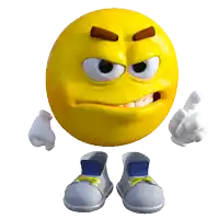 an angry yellow smiley face with a pair of shoes on its feet