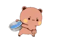 a cartoon bear is holding a bowl of water